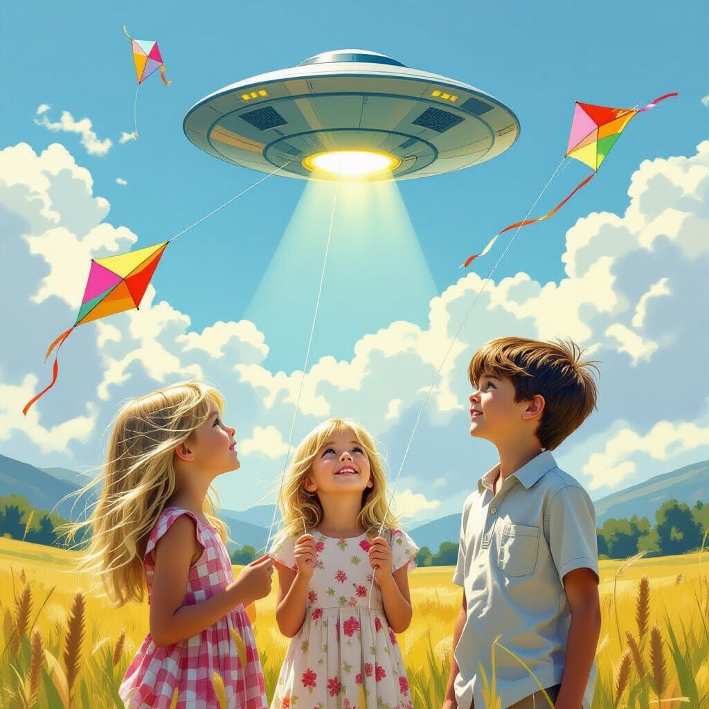 Children Surprised by UFO in Sunny Meadow