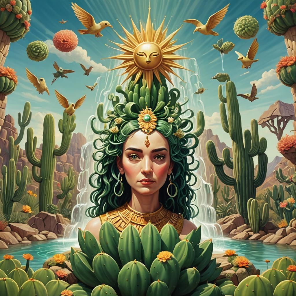 Surreal Fountain with Talking Cactus in Mas-Surrealism
