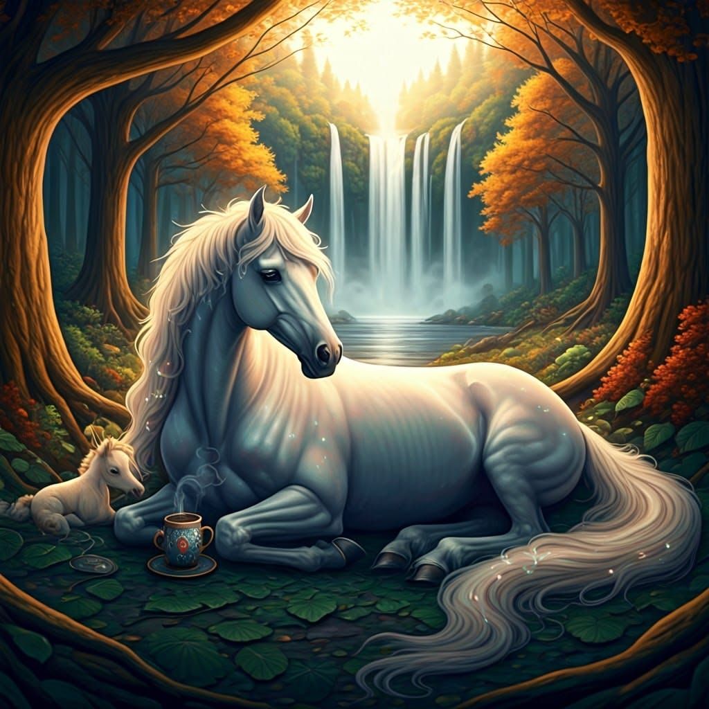 Majestic Mare in Whimsical Forest Landscape