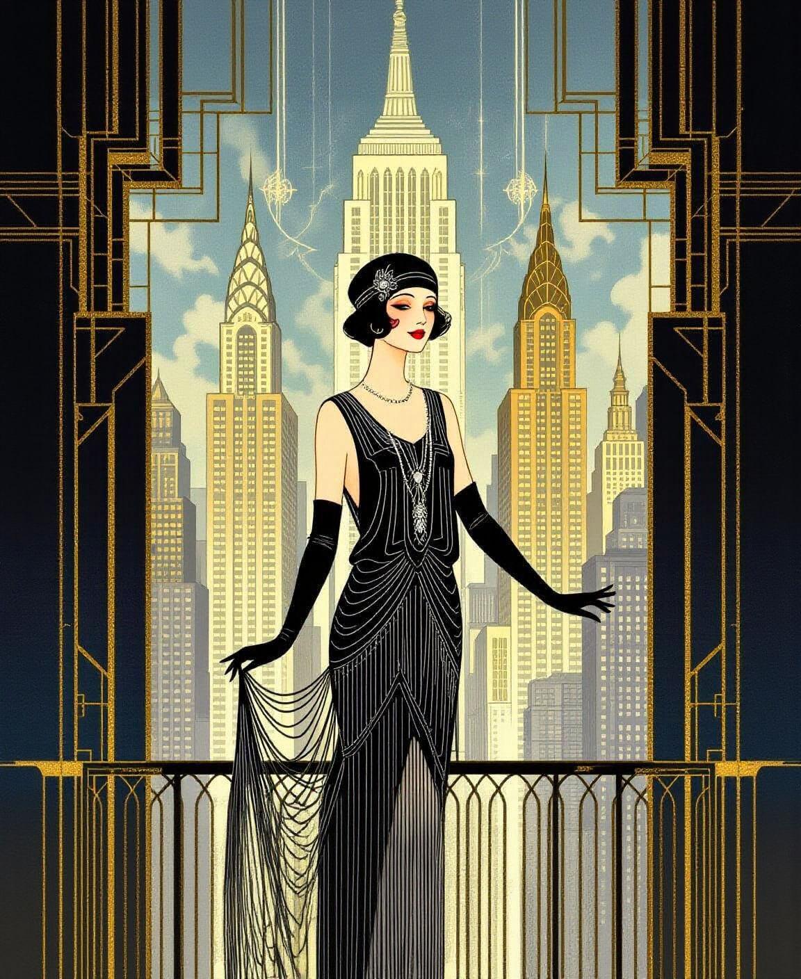 Art Deco Cityscape with Elegant 1920s Lady
