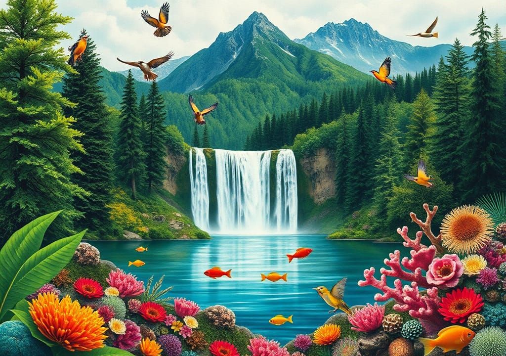 Majestic Waterfall Scene in Fauvist Style