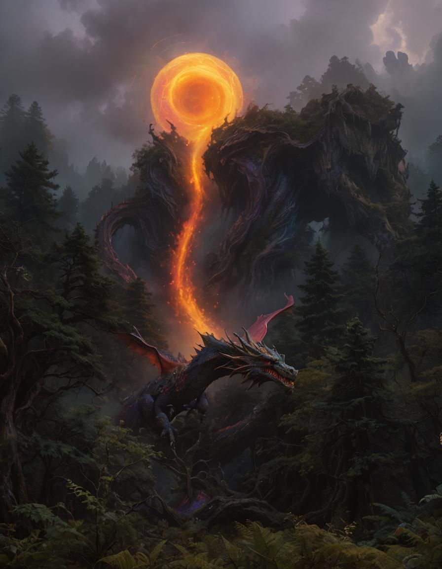 Dragon Soaring Through Mystical Forest: Oil Painting