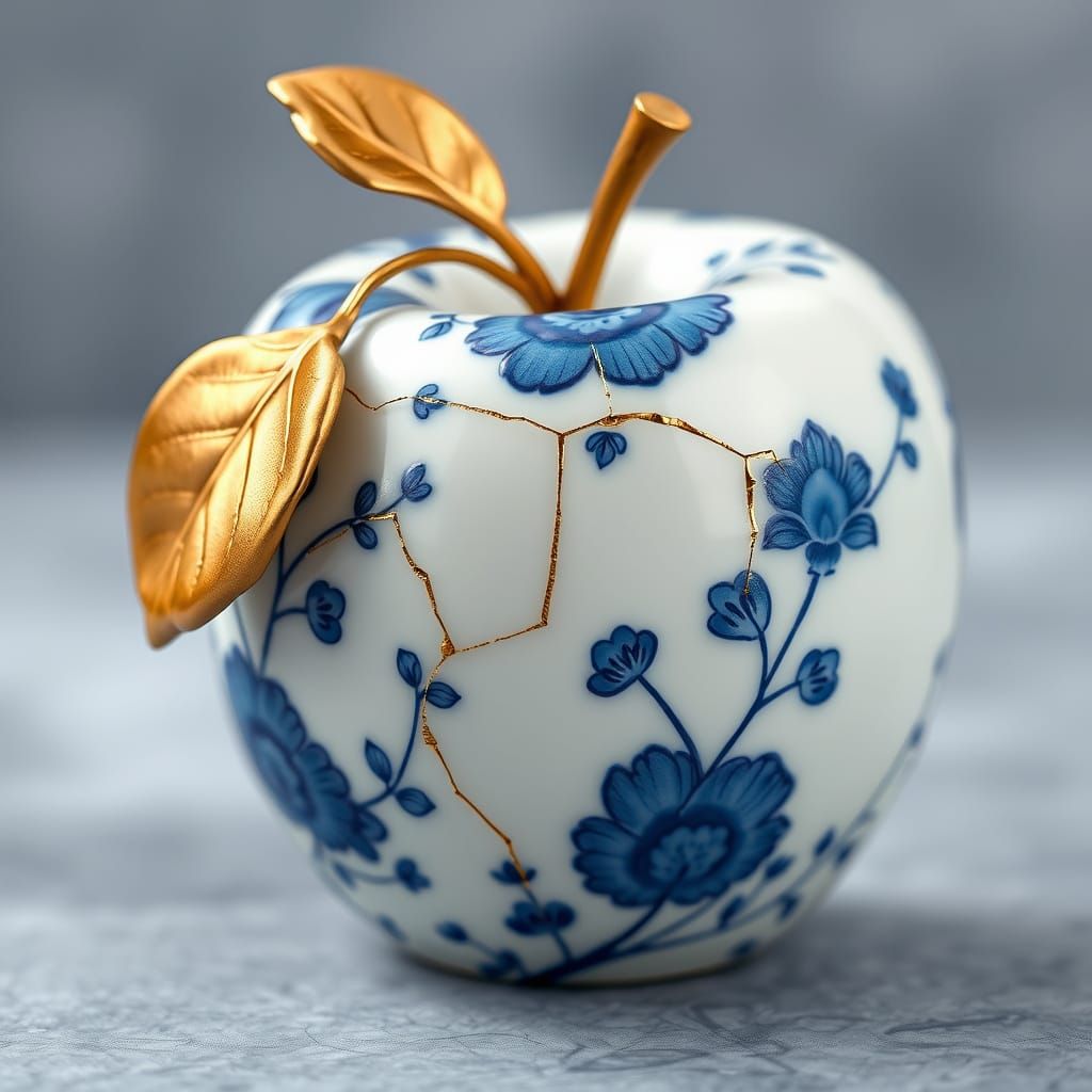 Porcelain Apple with Kintsugi Repair in Photorealistic Style