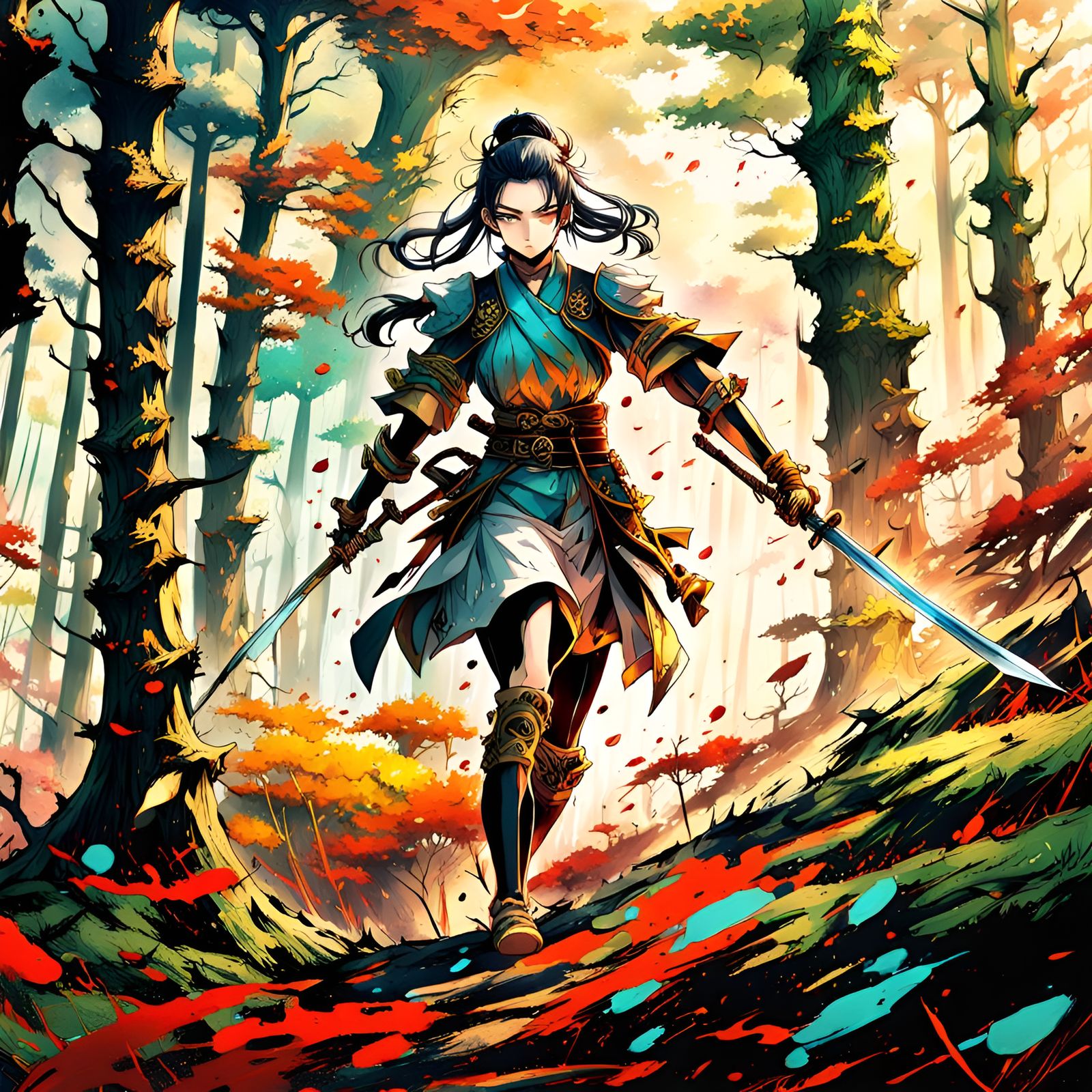 Vibrant Anime Splash Art of Valiant Warrior Girl