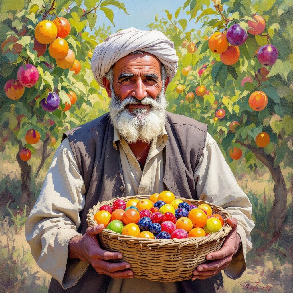 Elderly Afghan Gardener with Fruit Basket in Vibrant Orchard