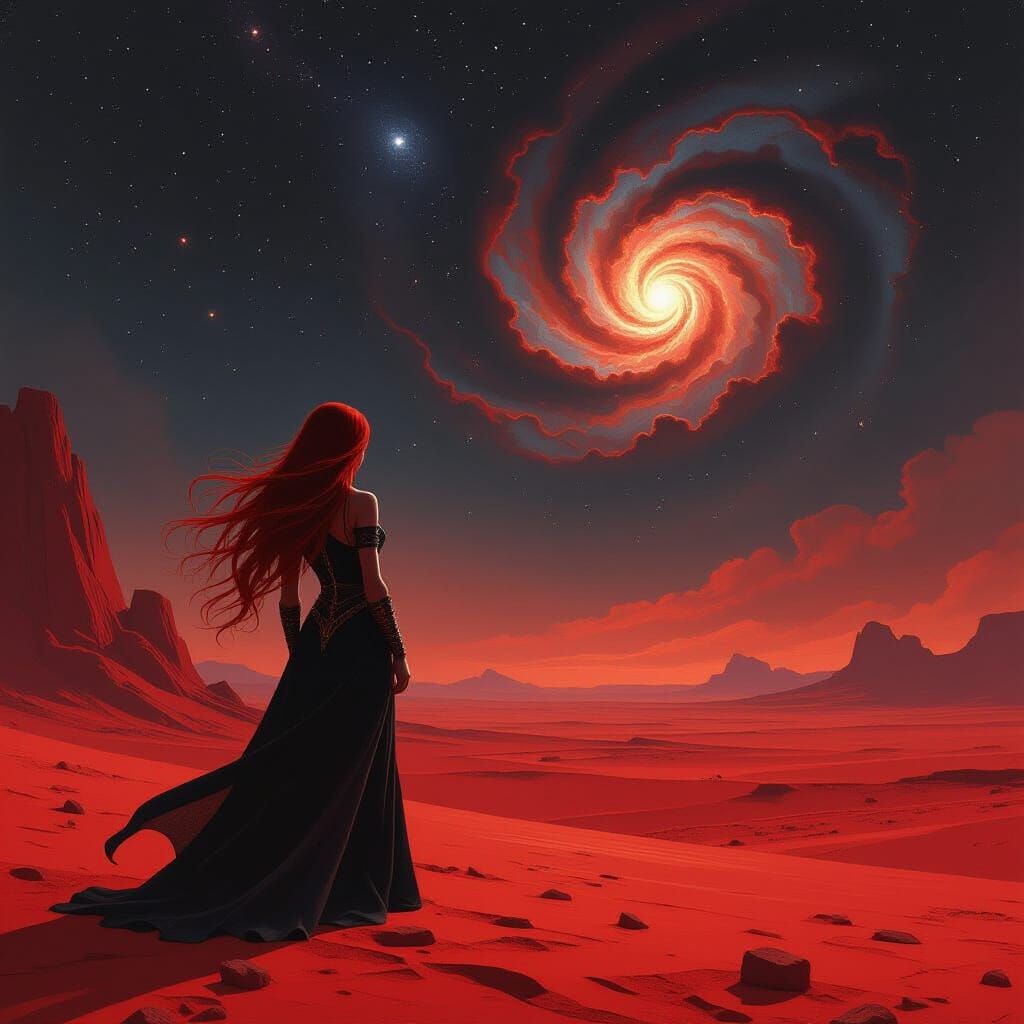 Goddess on Crimson Planet Gazing at Nebula in Sci-Fi Art Sty...