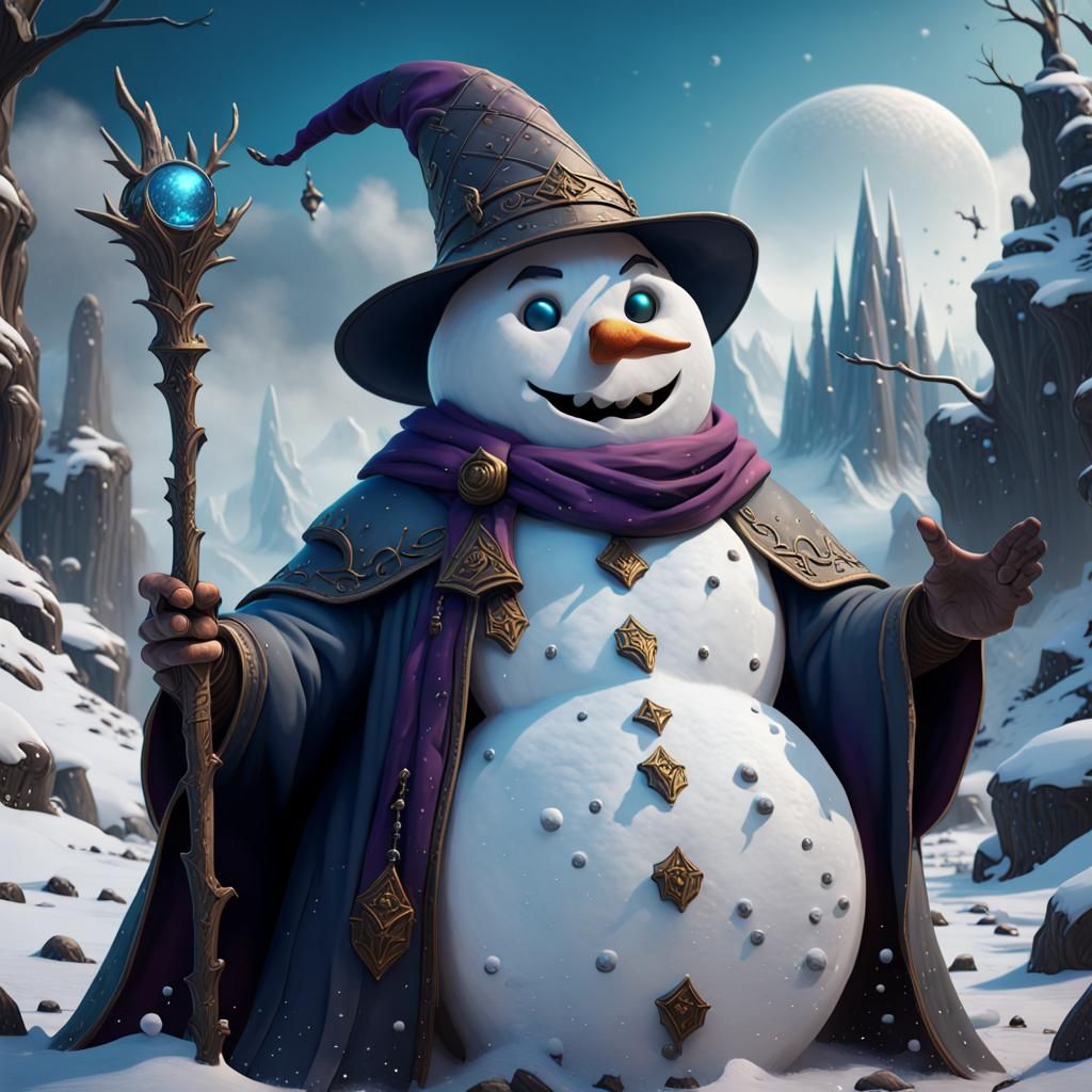 Fantastical Wizard Snowman in Vibrant, Detailed Fantasy Land...