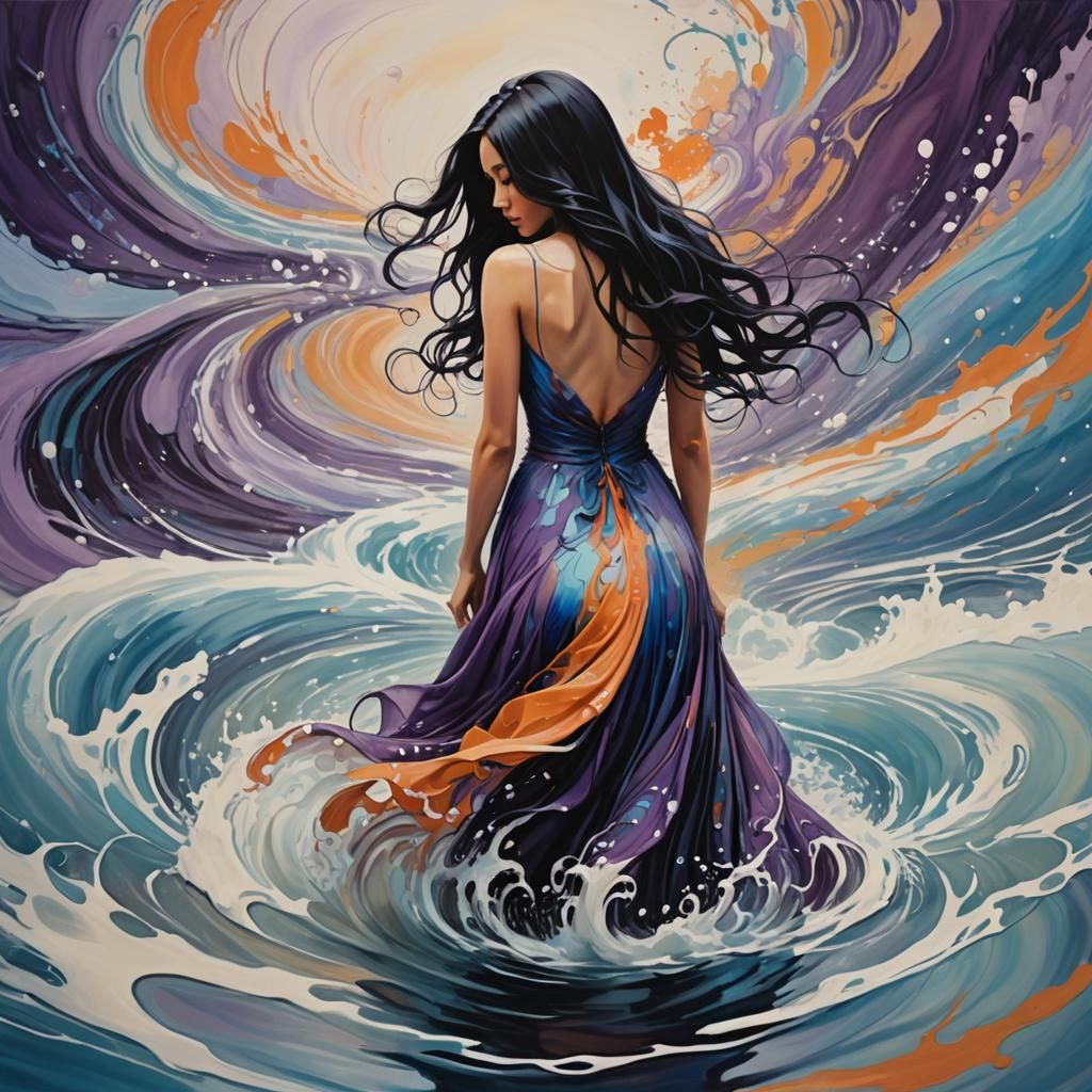 Abstract Expressionist Lady in Swirling Pastel Water