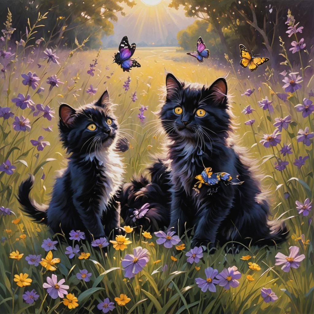 Kittens Playing in Meadow, Oil Painting