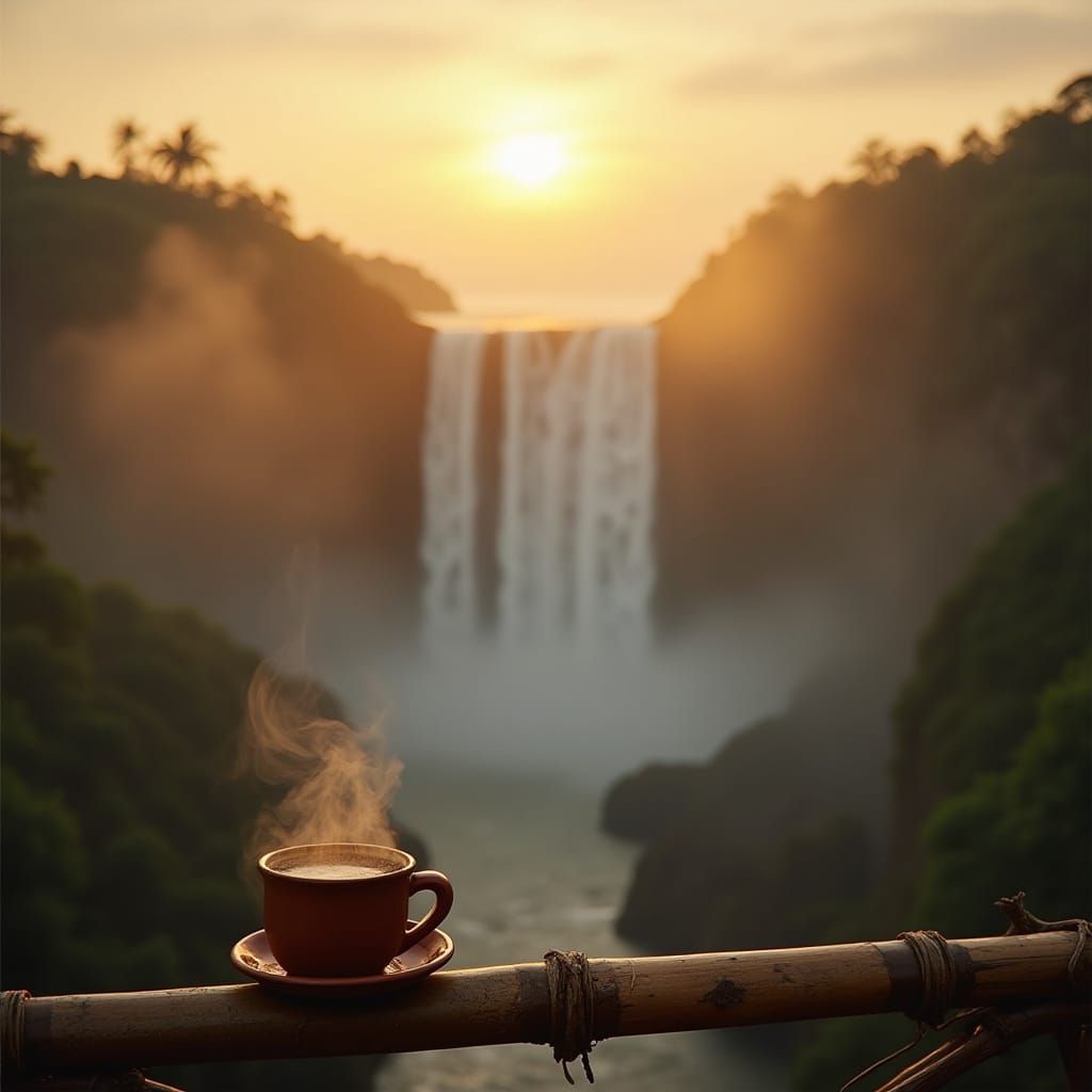 Southeast Asian Waterfall at Golden Hour, Cinematic Shot