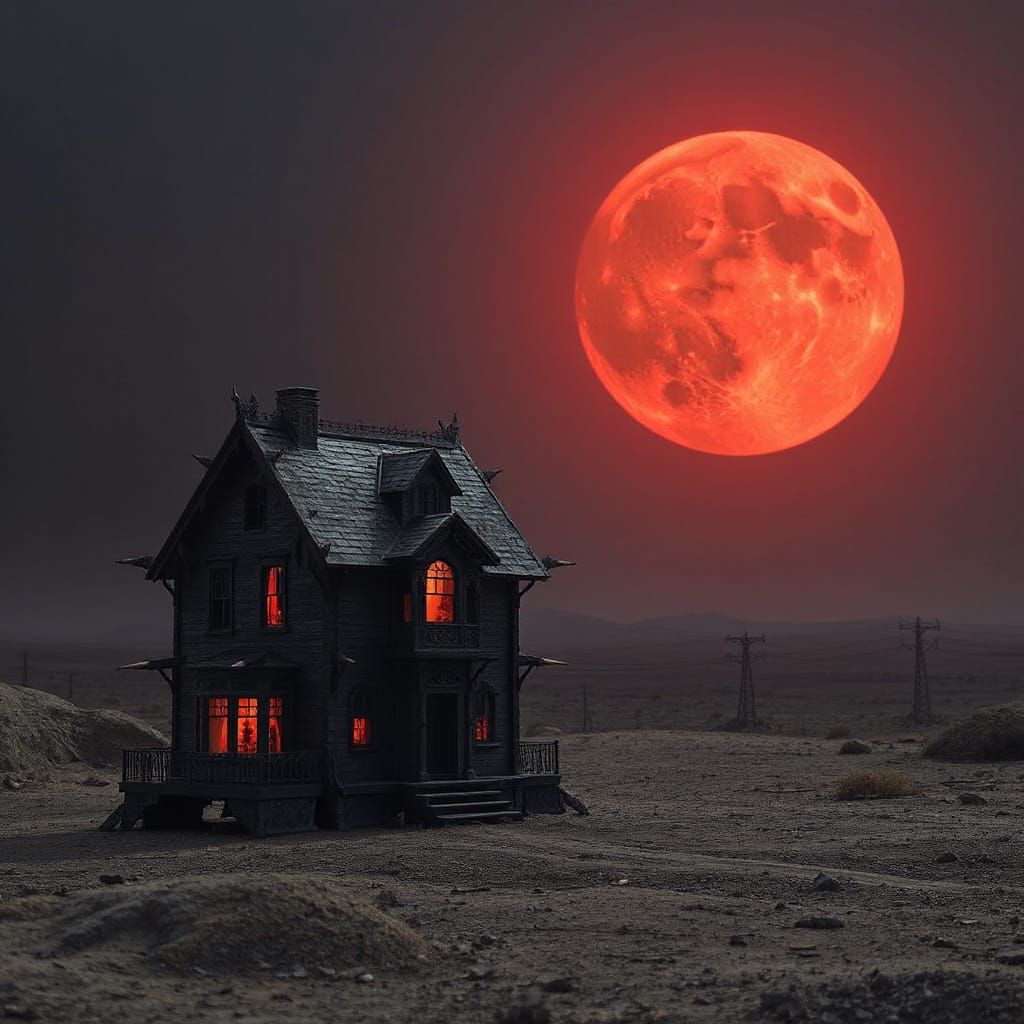 Eerie Blood Moon Drags Spiked Dollhouse: Surreal Art