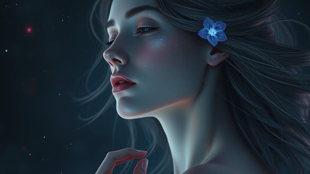 Ethereal Woman in Cosmic Contemplation, in a Fantastical Art...