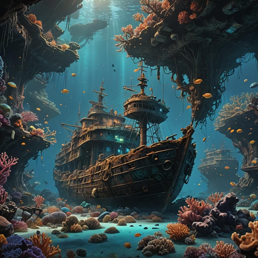 Bioluminescent Shipwrecks Under Ethereal Coral Reefs