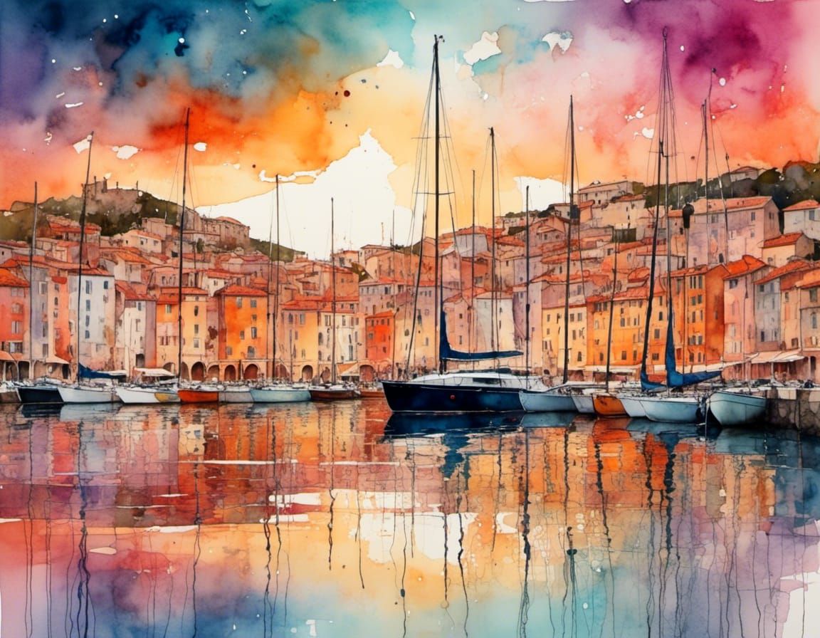 French Riviera Sailboat in Watercolor and Alcohol Ink