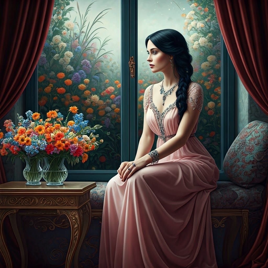 Elegant Lady in Pink Gown with Moonlit Wildflowers