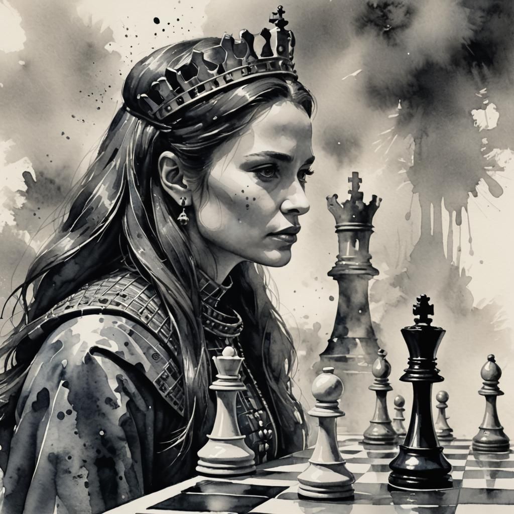 Monochrome Queen Chess Piece in Watercolor Style