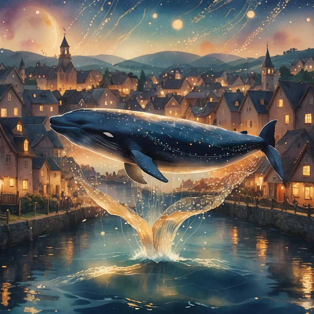 Surreal Whale Village in Dreamy Watercolor Style