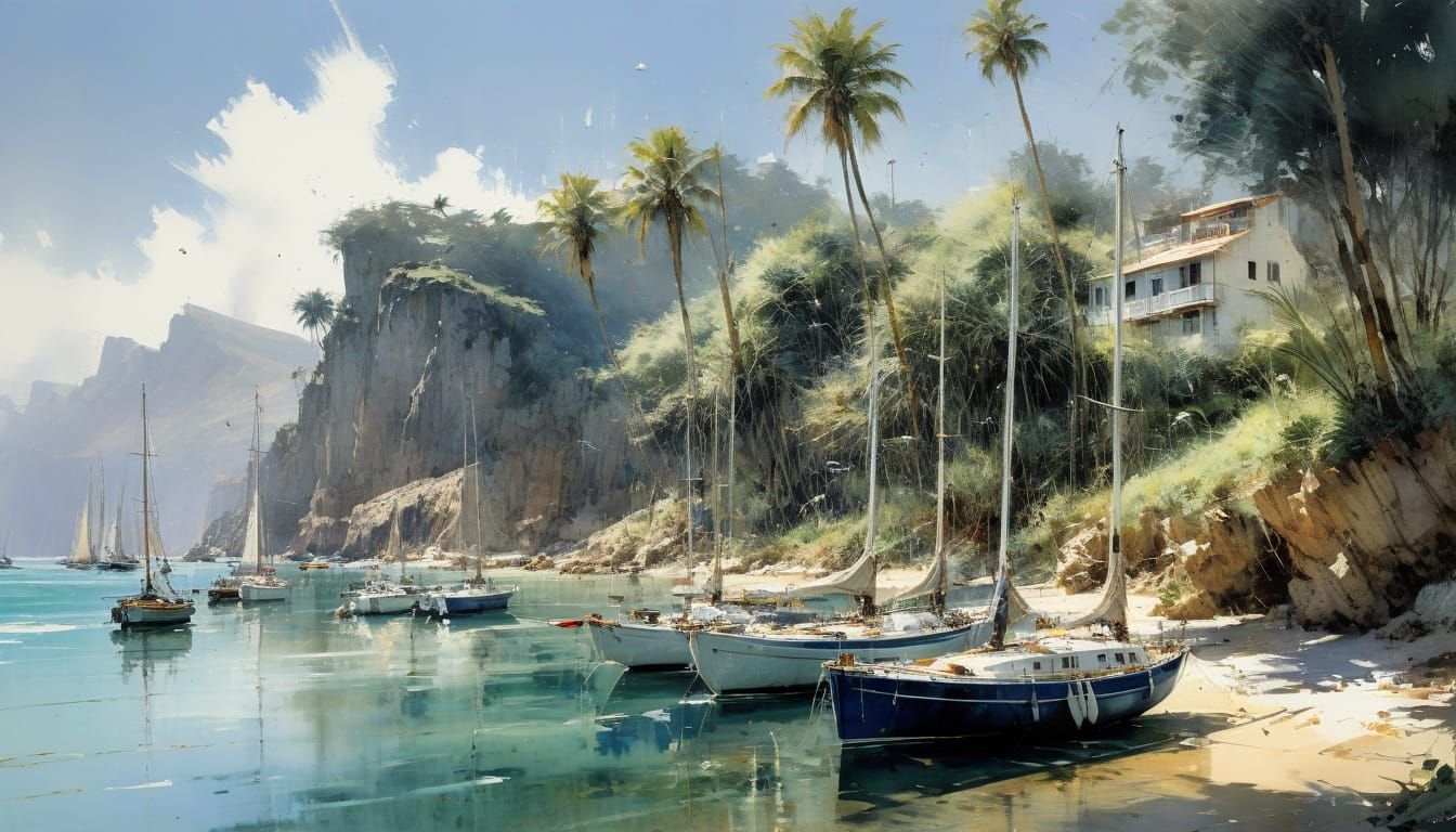 Idyllic Tropical Cove Harboring Sailing Yachts