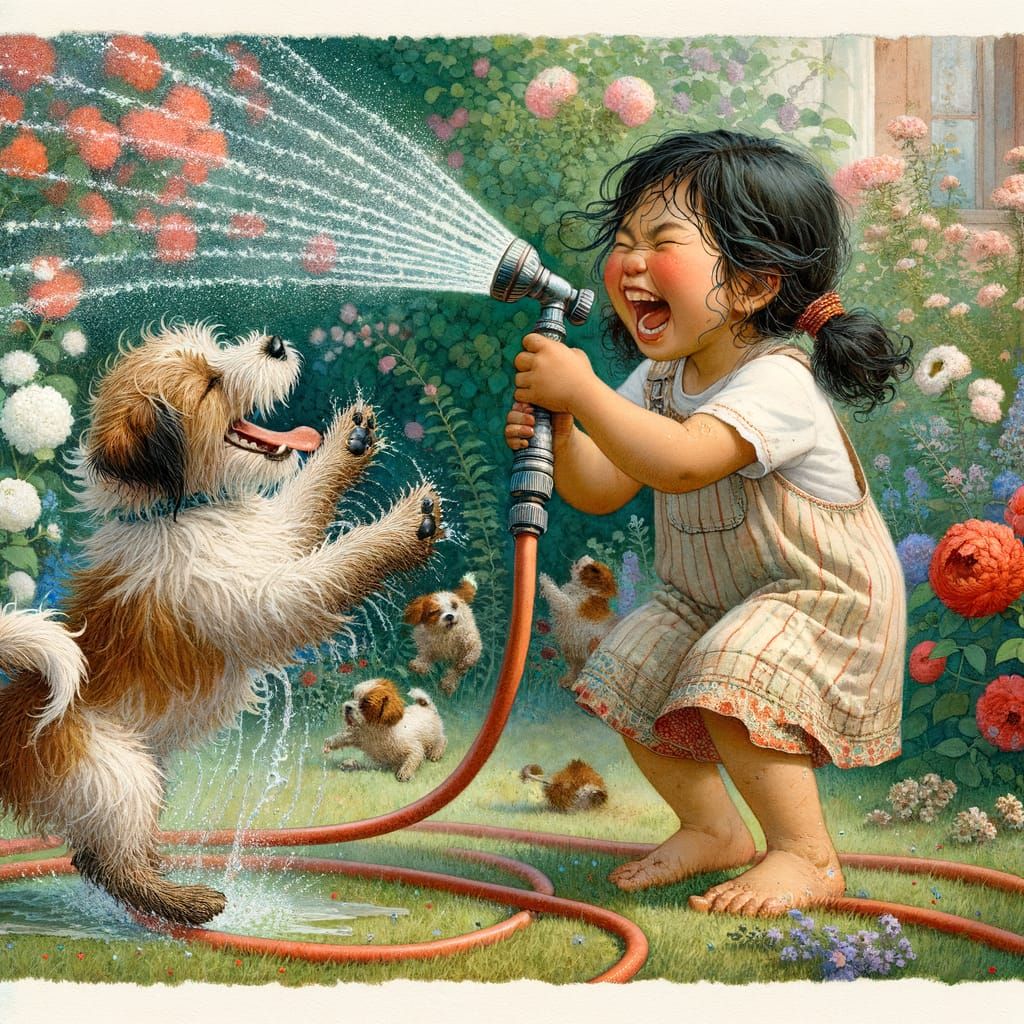 Joyful Girl and Dog Playing with Water in a Garden