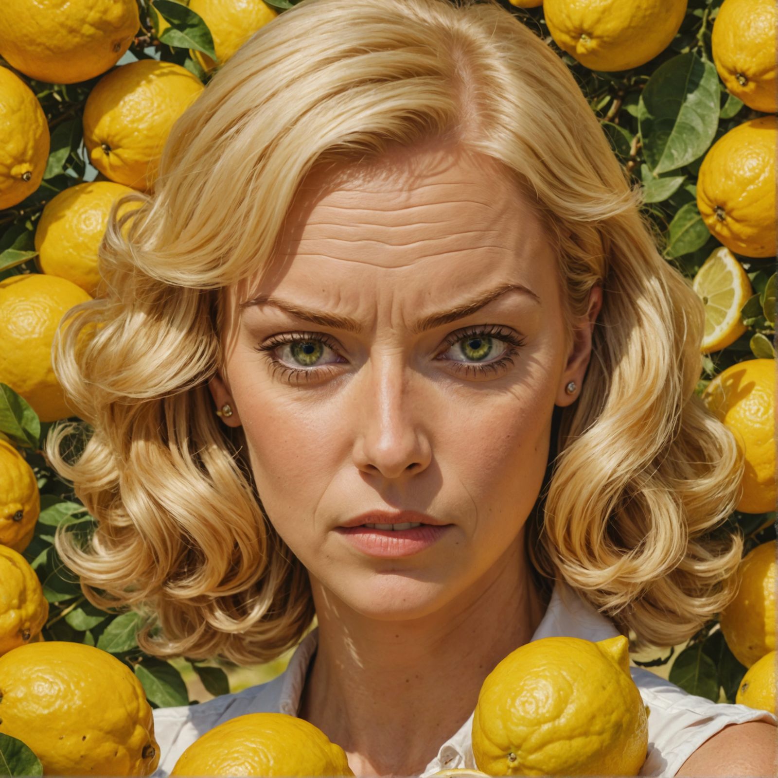 Grumpy Blonde Surrounded by Lemons in Pin-Up Style
