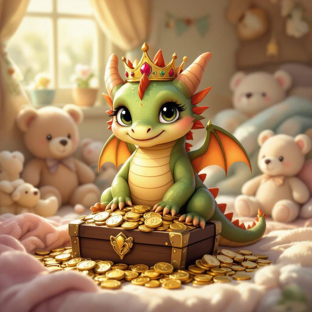 Baby Dragon on Treasure Trove in Storybook Style