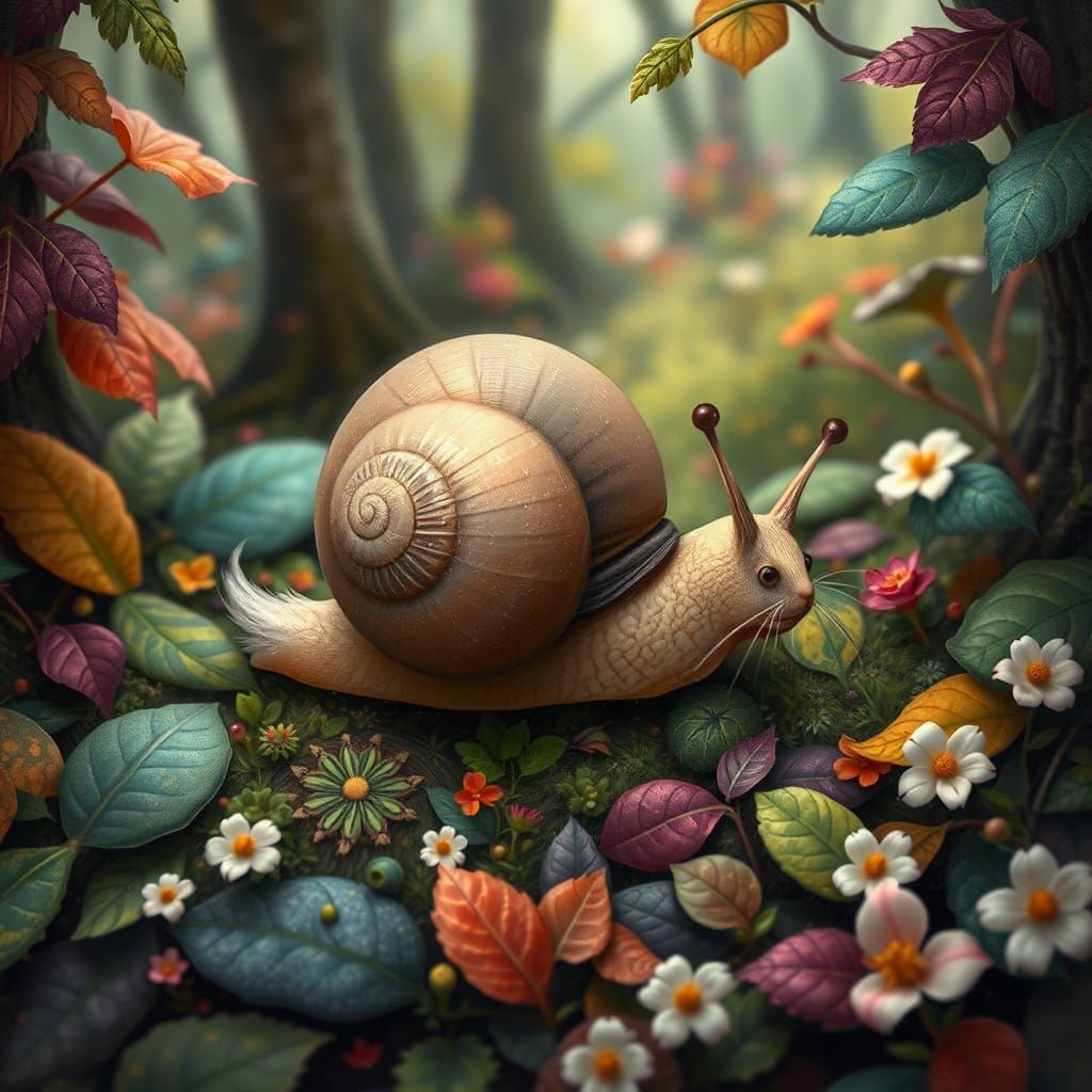 Fantastical Feline Snail Roams Whimsical Forest
