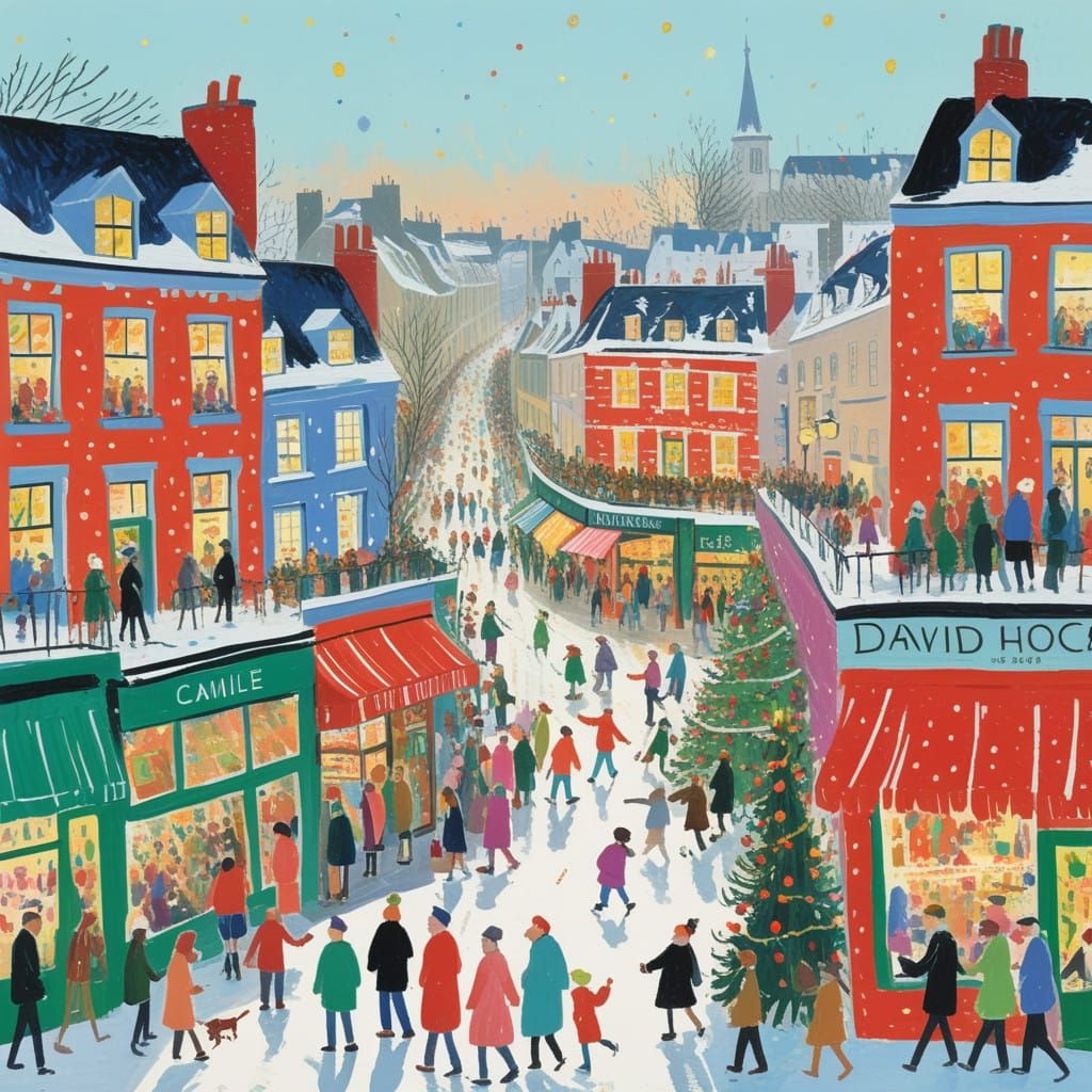 Joyful Boxing Day Shopping Scene in Whimsical Impressionist...