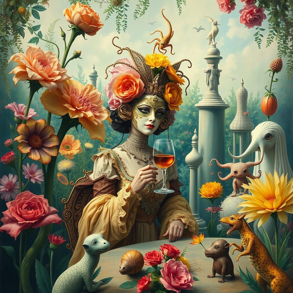 Surreal Garden Party: Masked Woman in Klimt-Bosch Style