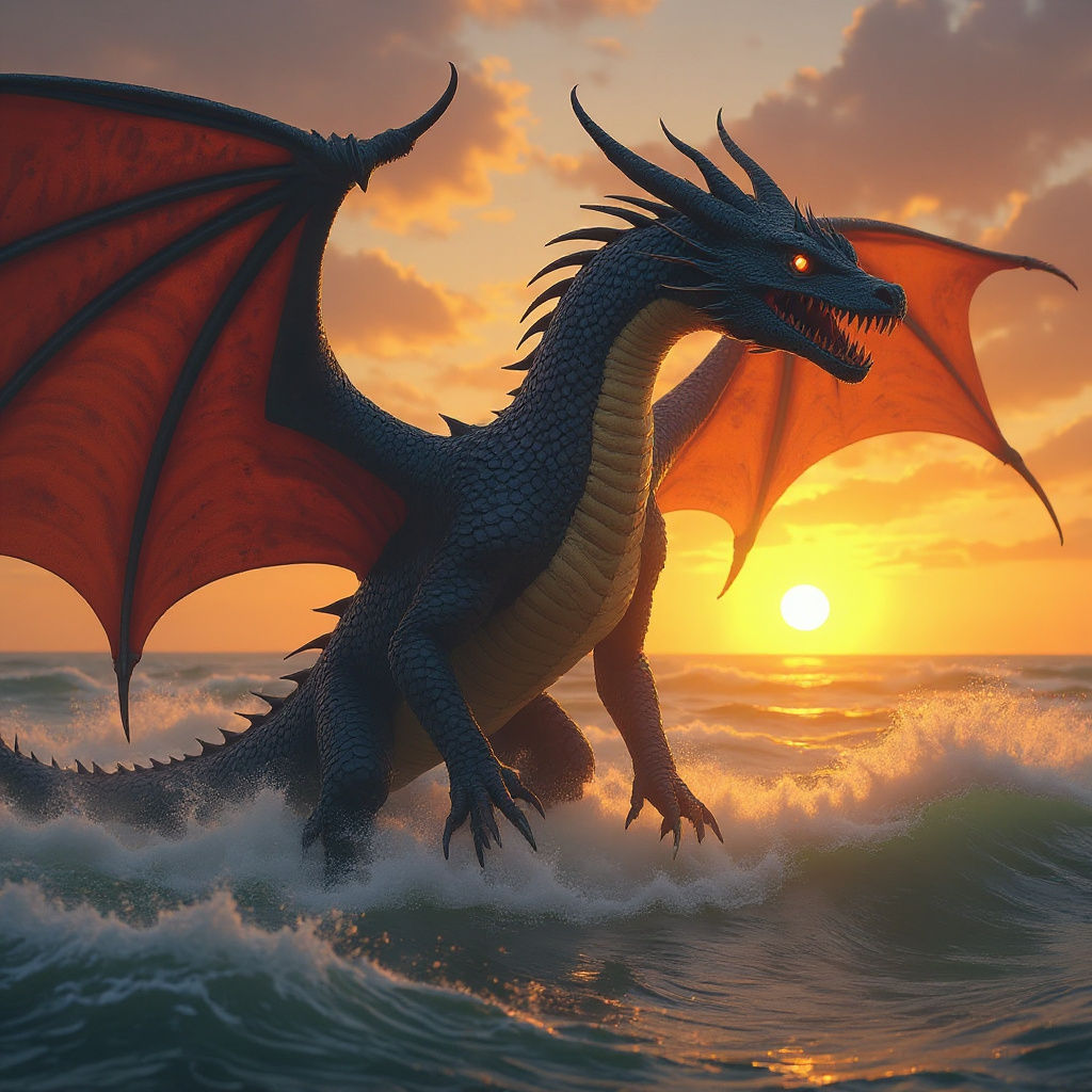 Dragon Silhouetted Against a Sunrise Over the Ocean