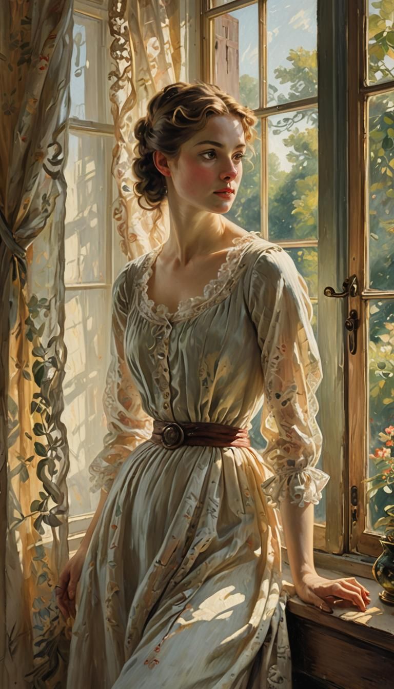 Woman at Casement Window with Impressionist Brushstrokes