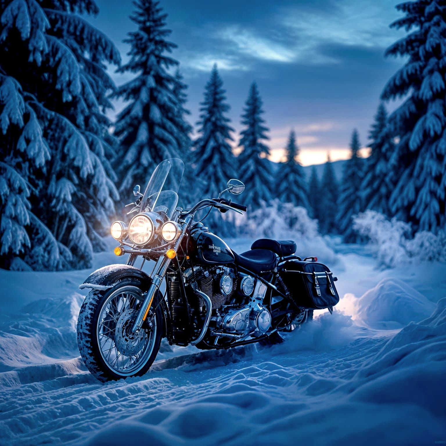 Majestic Frost Motorcycle in Snowy Twilight Forest
