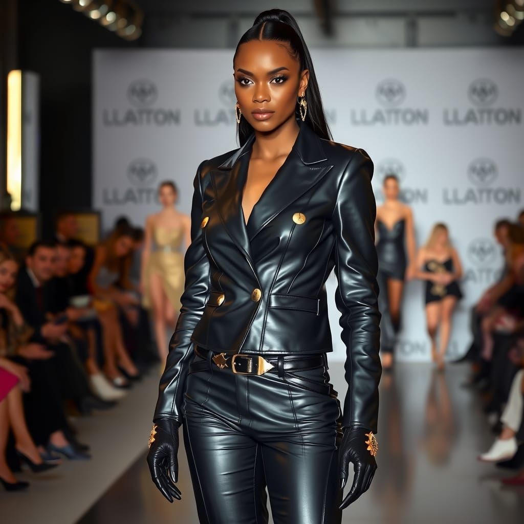Ebony Fashion Icon in Black Leather Haute Couture