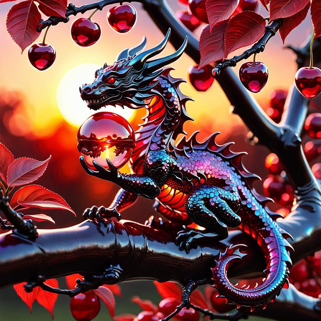 Ruby Dragon in Cherry Tree, Iridescent Oil Painting