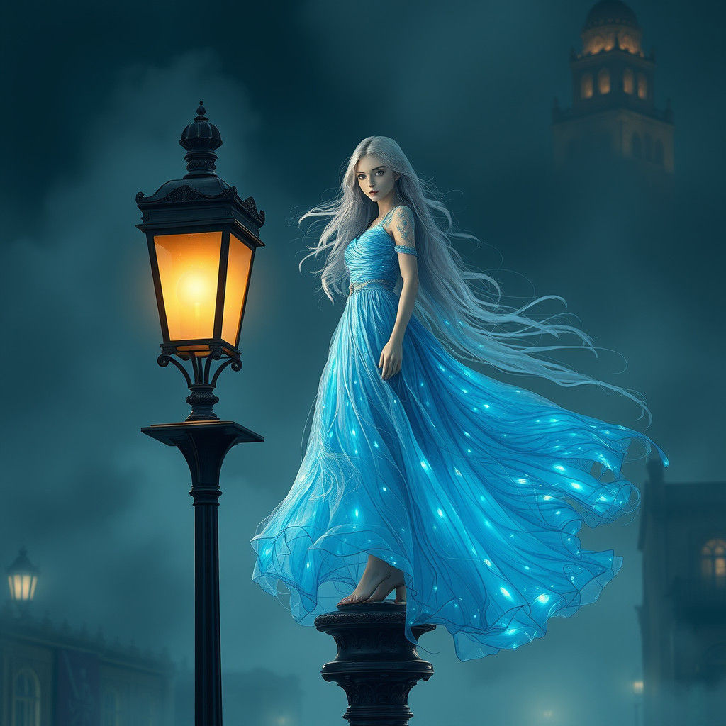 Woman on Lamppost in Dark City, Fantasy Concept Art