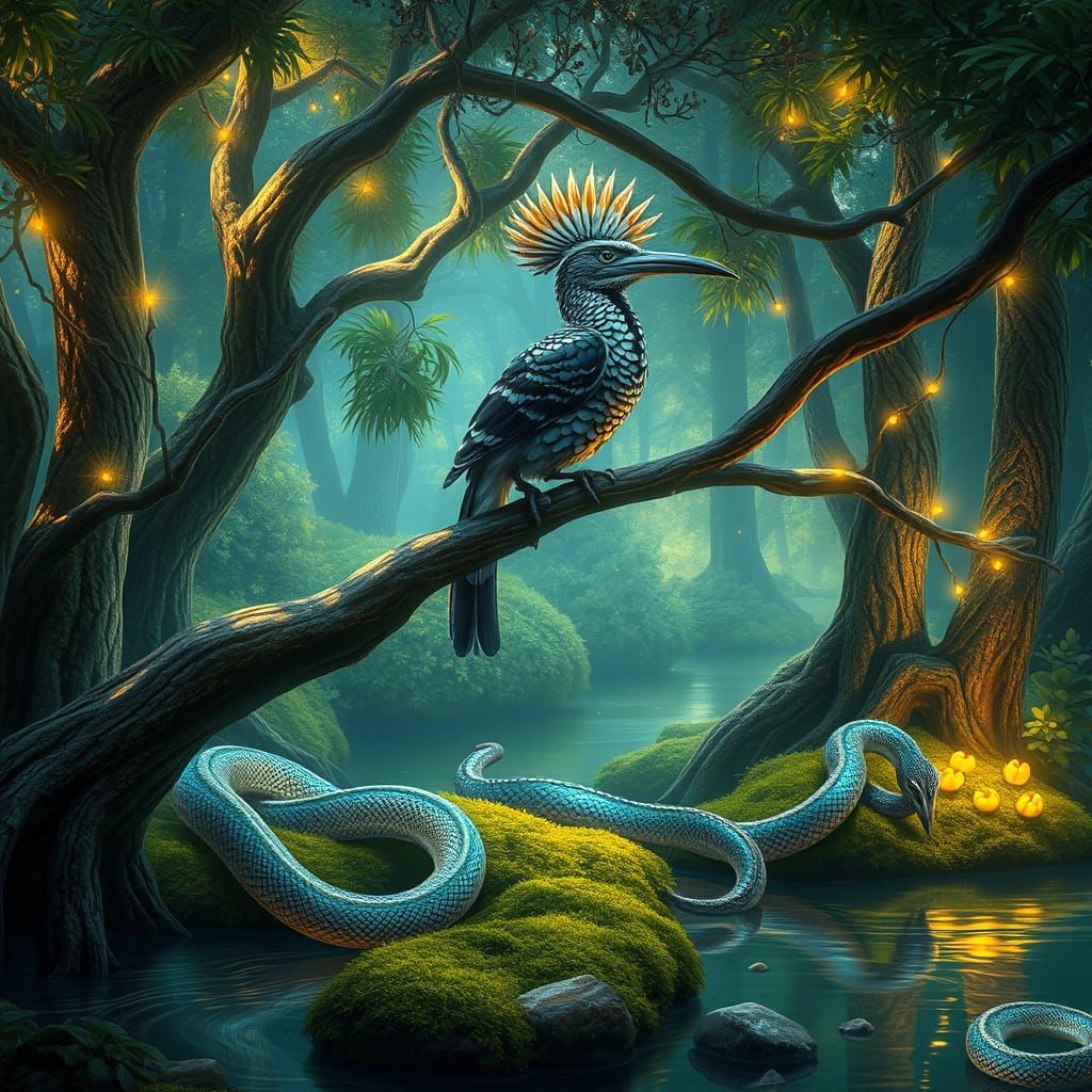 Enchanted Hoopoe Bird in Bioluminescent Forest