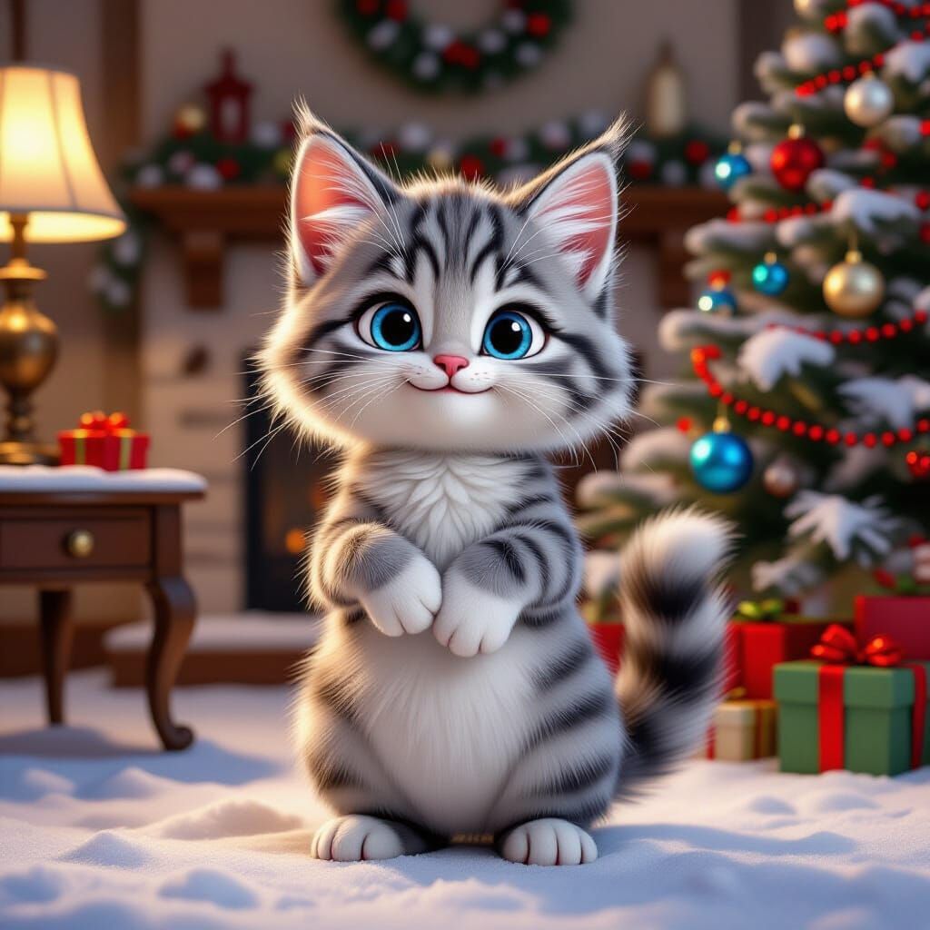 Mischievous Kitten in Cozy Snowy Living Room Oil Painting