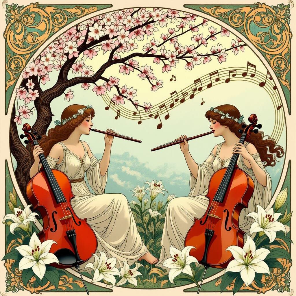 Art Nouveau Blossoming Tree with Musical Notes