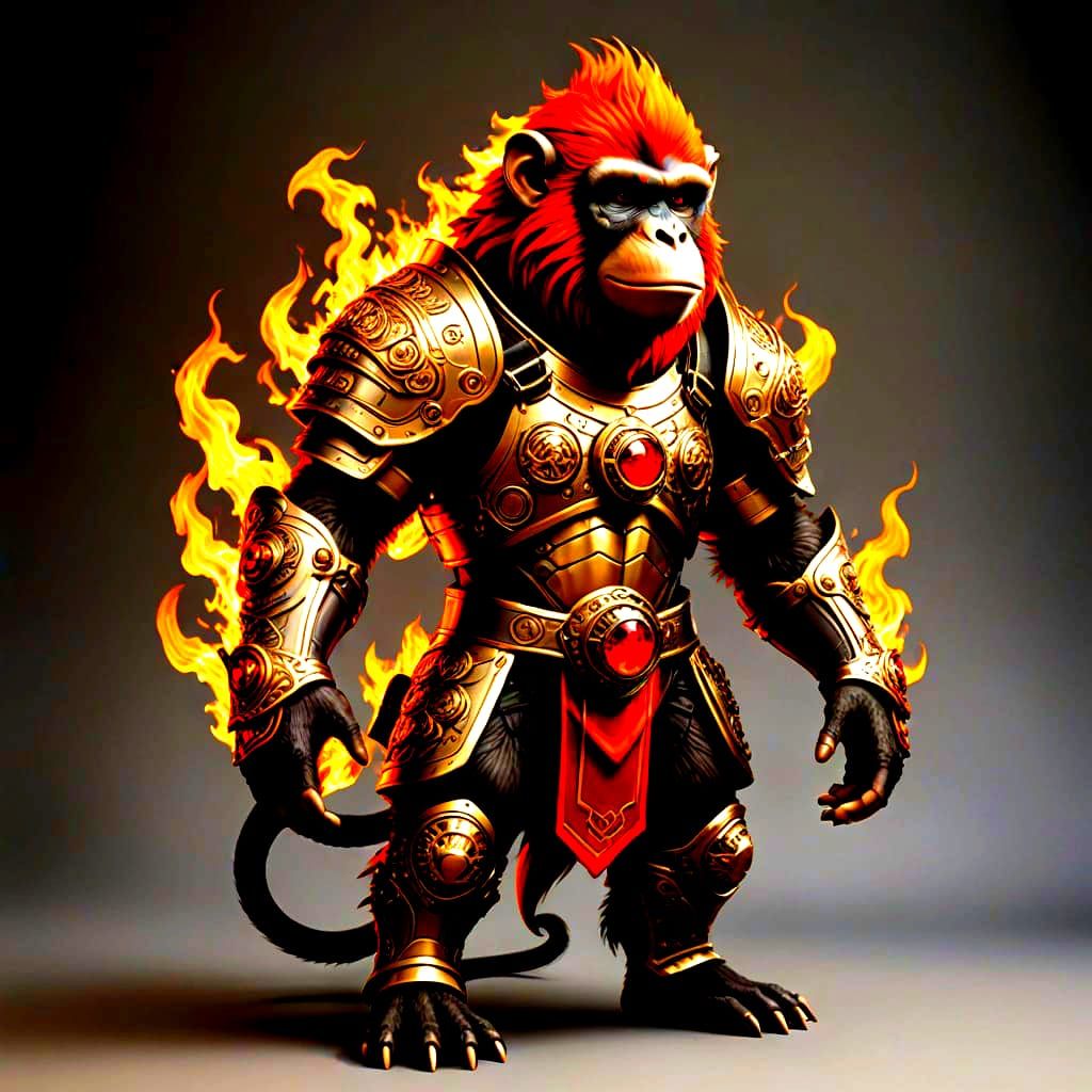 Monkey in Mythical Samurai Armor Engulfed in Flames