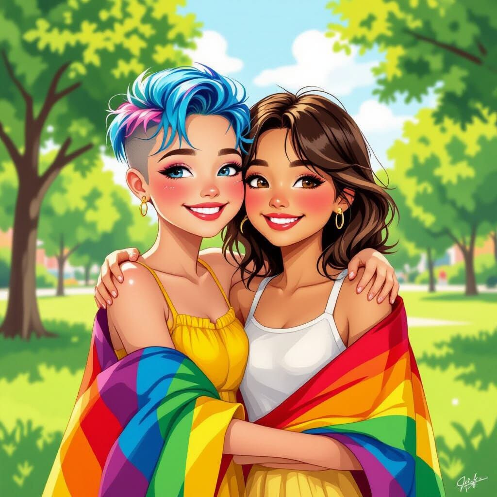Girls with Pride Flag in Park, Murakami-inspired