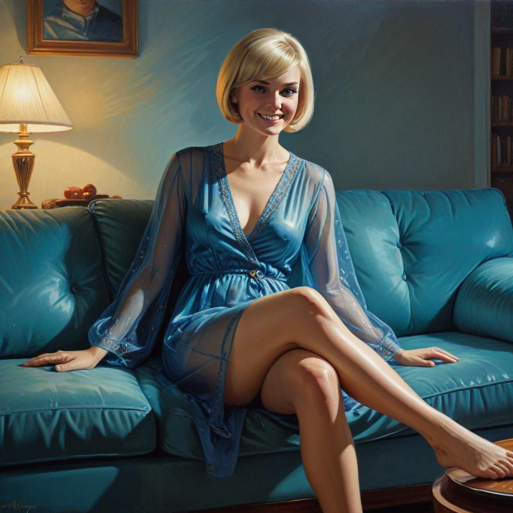 Sleek Blonde in Blue Peignoir, Oil Painting