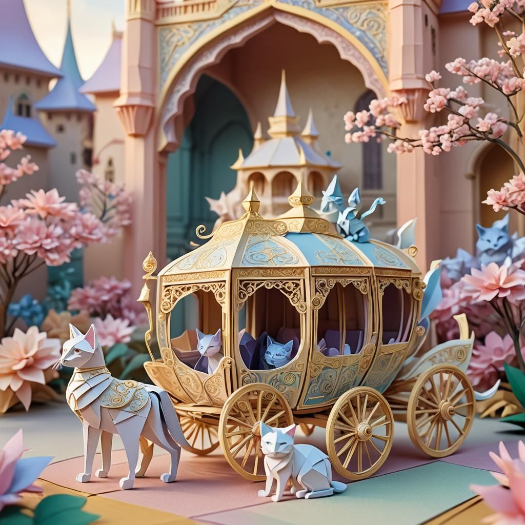 Royal Cats in Origami Carriage Papercraft