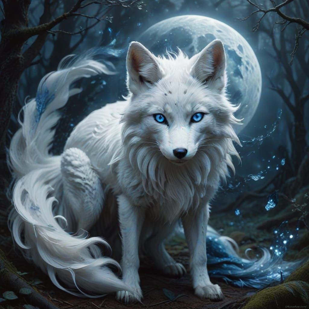 Mystical White Nine-Tailed Fox with Ethereal Aura