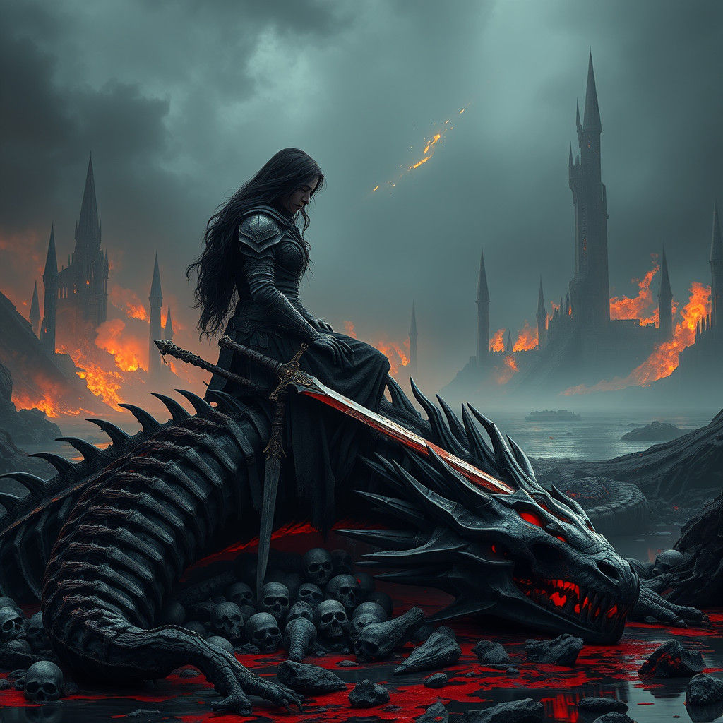 Warrior Mourns Dragon in Gothic Ruins