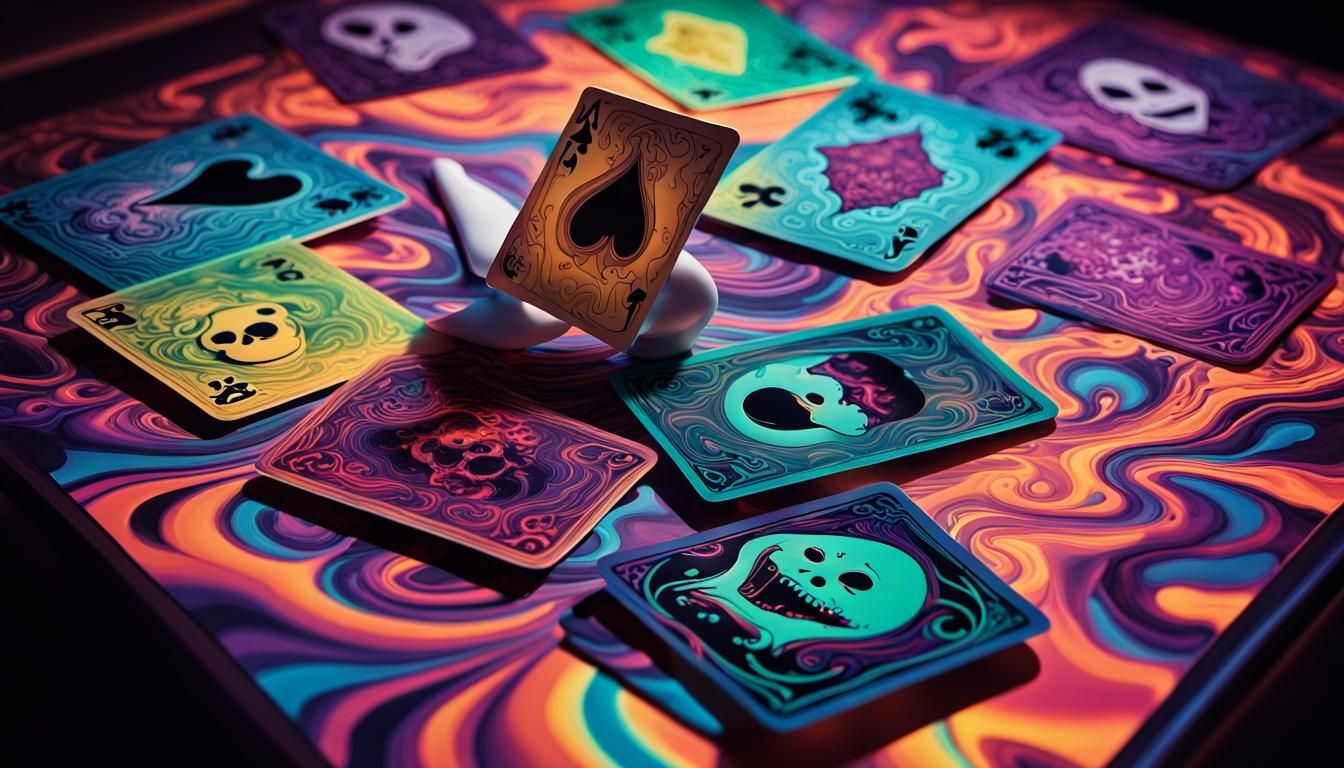 Surreal Card Game Scene in Vibrant, Psychedelic Style