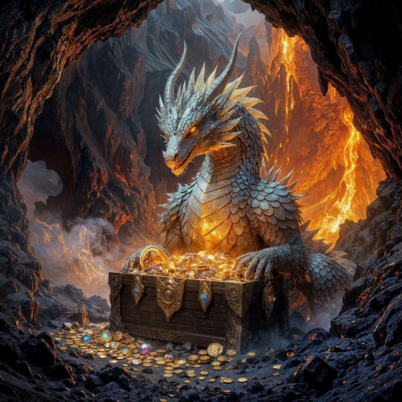 Dragon Guarding Treasure Chest in Volcanic Cavern
