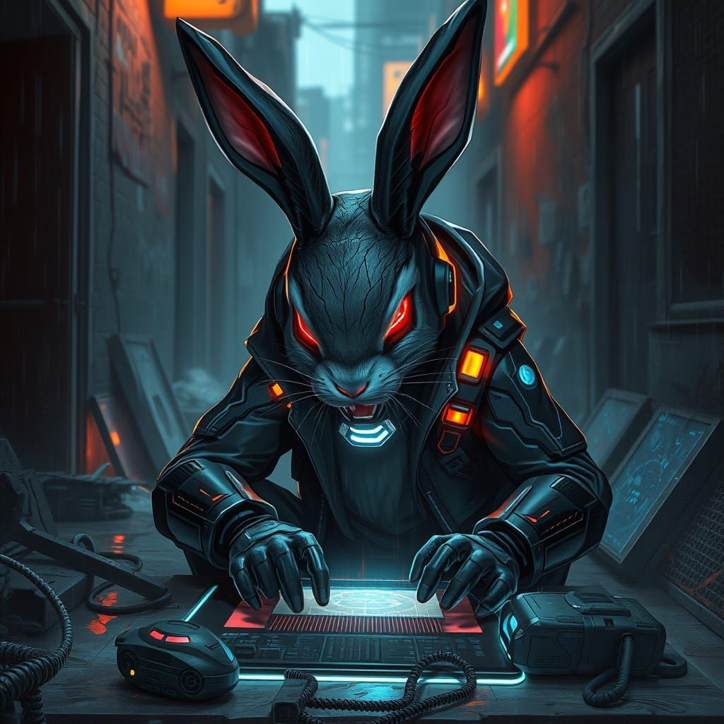 Cyberpunk Rabbit Hacker in Neon Alleyway