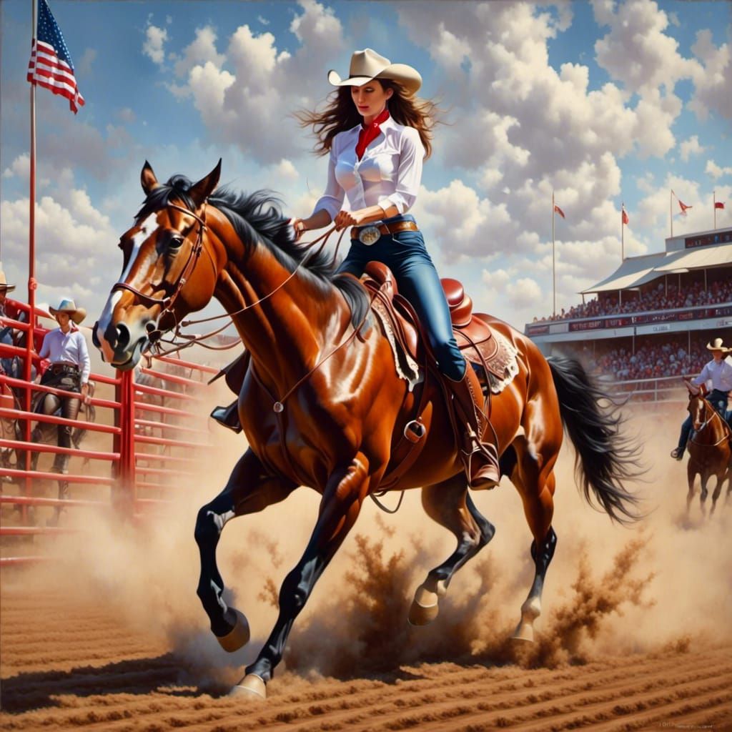Cowgirl Rides Bronco: Impressionistic Oil Painting