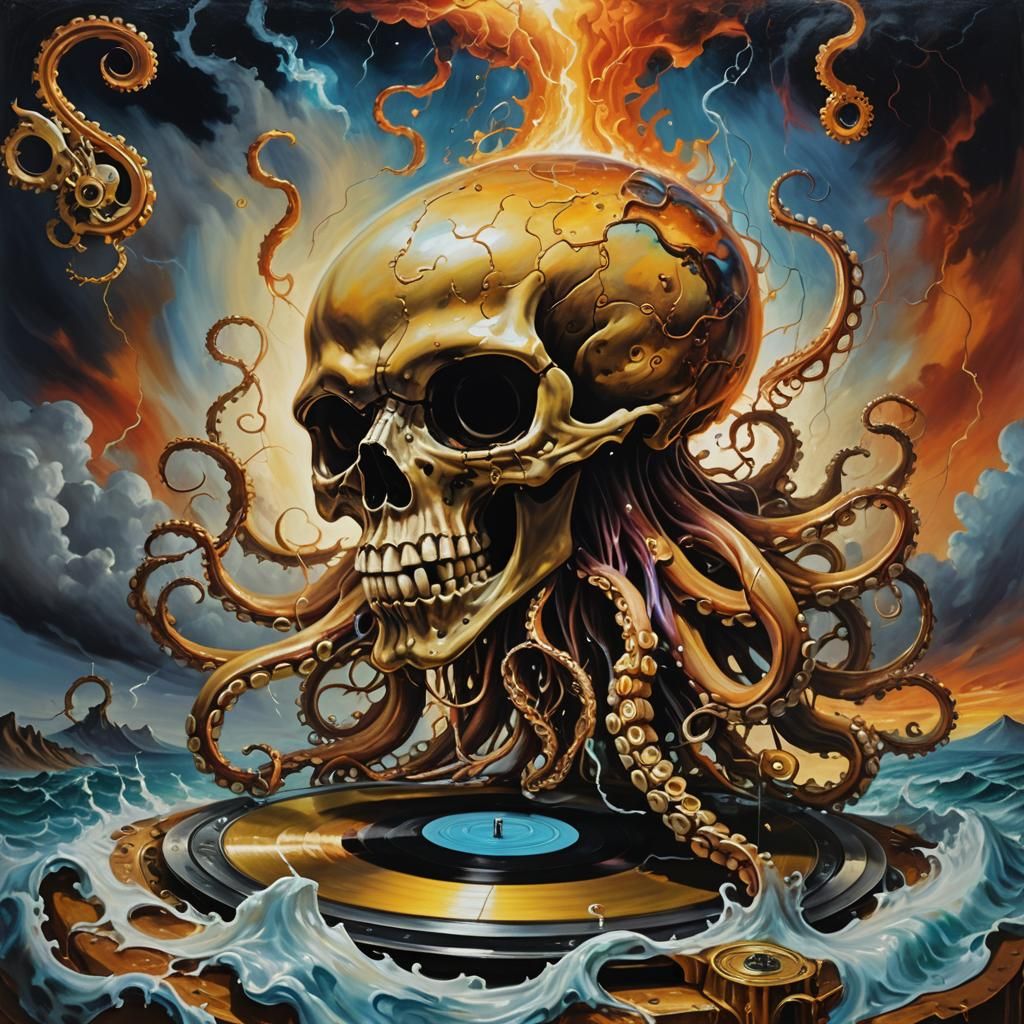 Skull Octopus DJ in Surreal Dreamscape