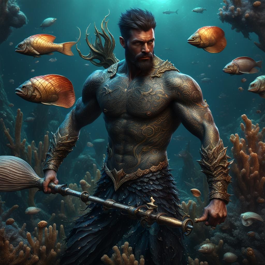 Gorgeous Black Merman with Shells and Weapons