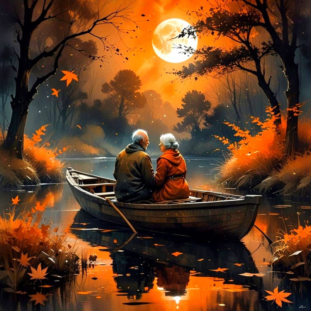 Romantic Autumn Scene: Elderly Couple in Watercolor Style